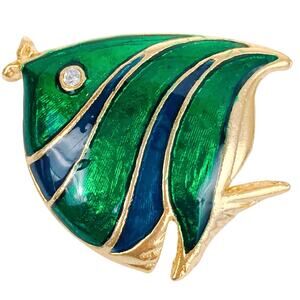 Vintage Enamel Fish Brooch Gold Tone Green Blue Pin Figural Ocean Beach Jewelry